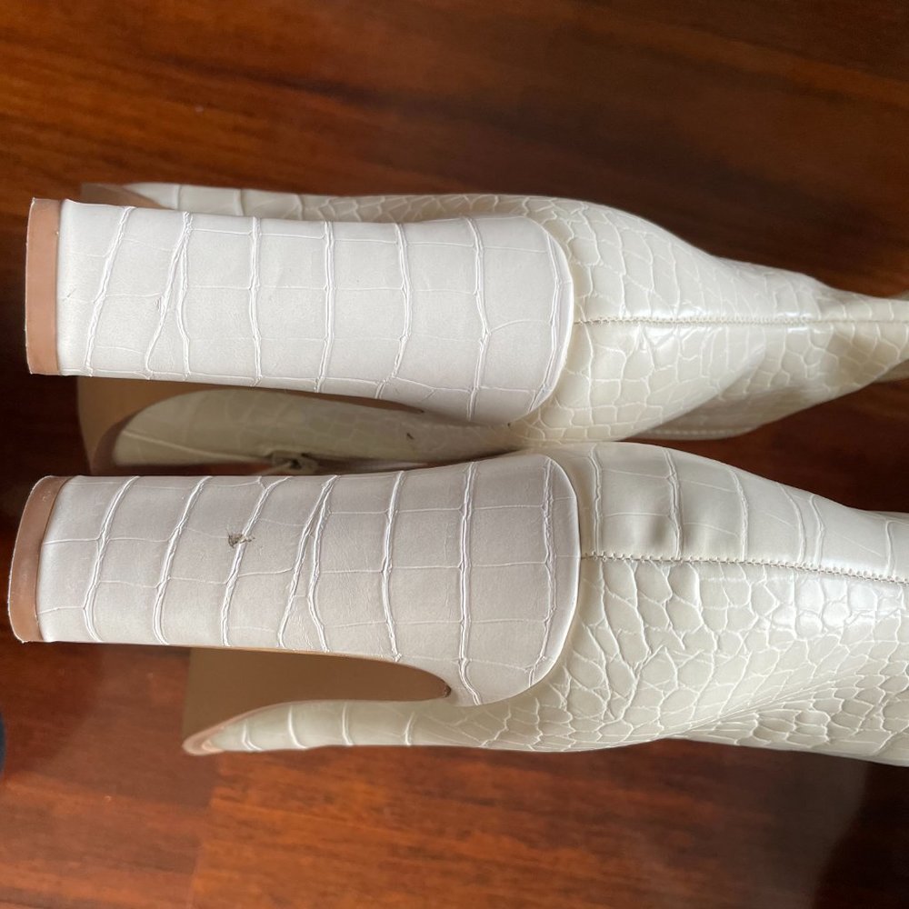 Cream Mock Croc Square Toe Heeled Over The Knee Boots - Picture 4 of 10